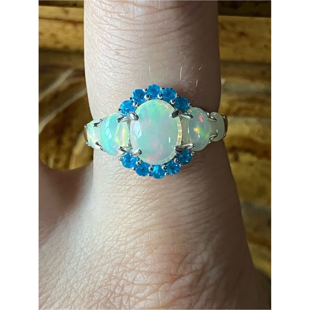 Natural Ethiopian Opal Blue Apatite Sterling Silver Ring Size 8